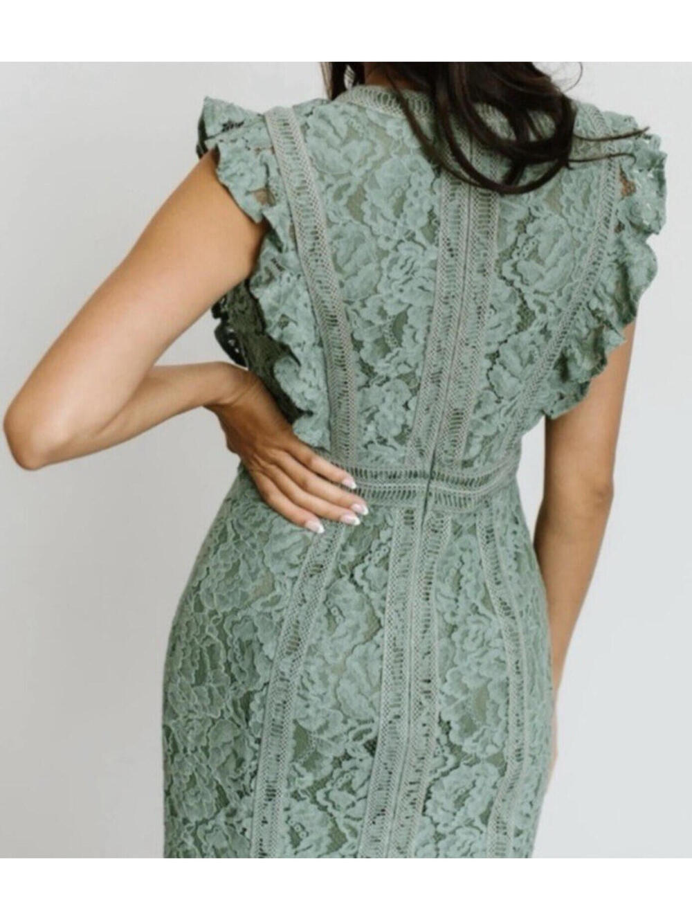 New Baltic Born Monroe Sage Lace Dress Small Long Maxi Deep V Slit Lined NWT - Picture 2 of 9